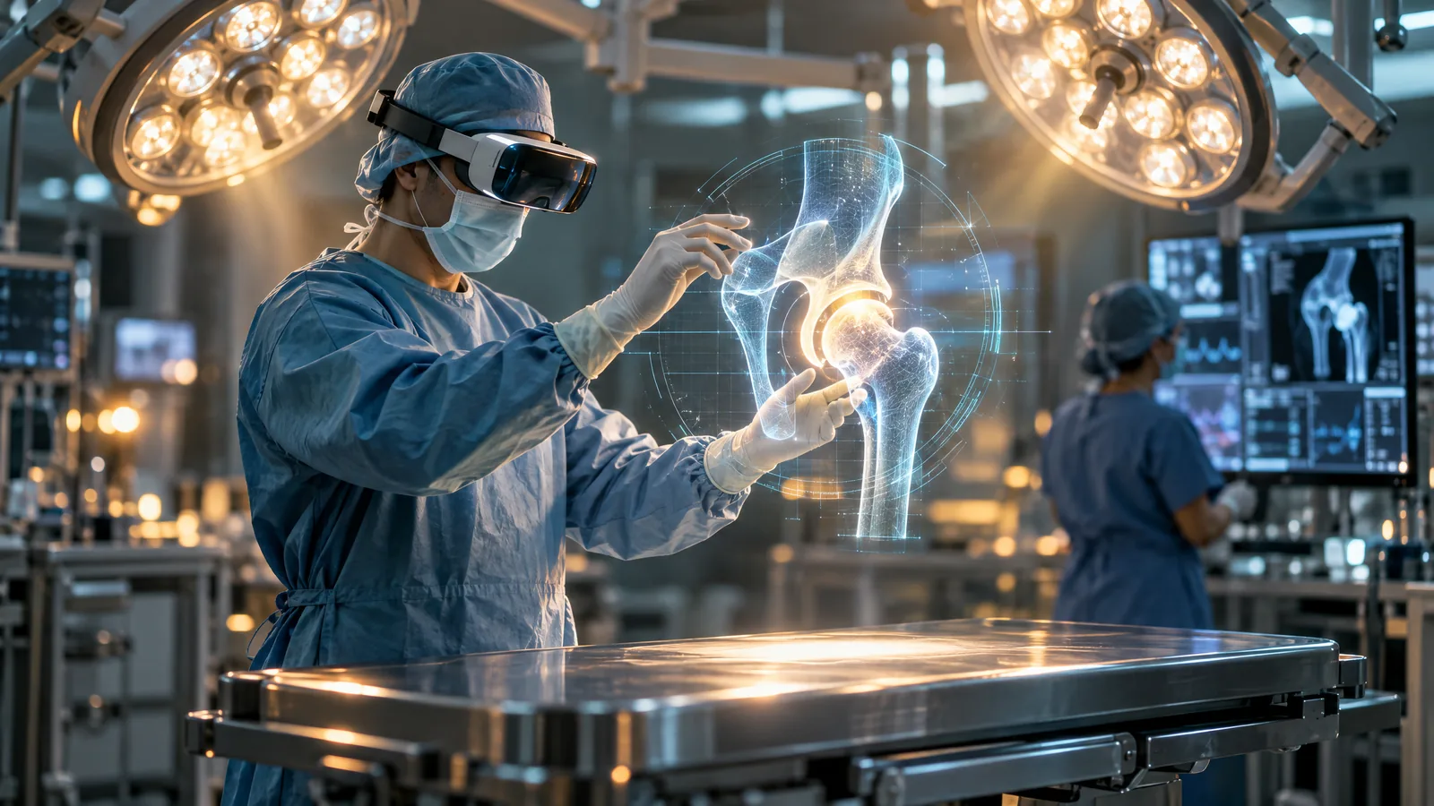A surgeon in scrubs, mask and a VR headset reaches toward a glowing holographic hip joint above an empty operating table, while a colleague works at a monitor in the background.